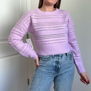 Open Stitch Cropped Crew Neck Pullover Sweater